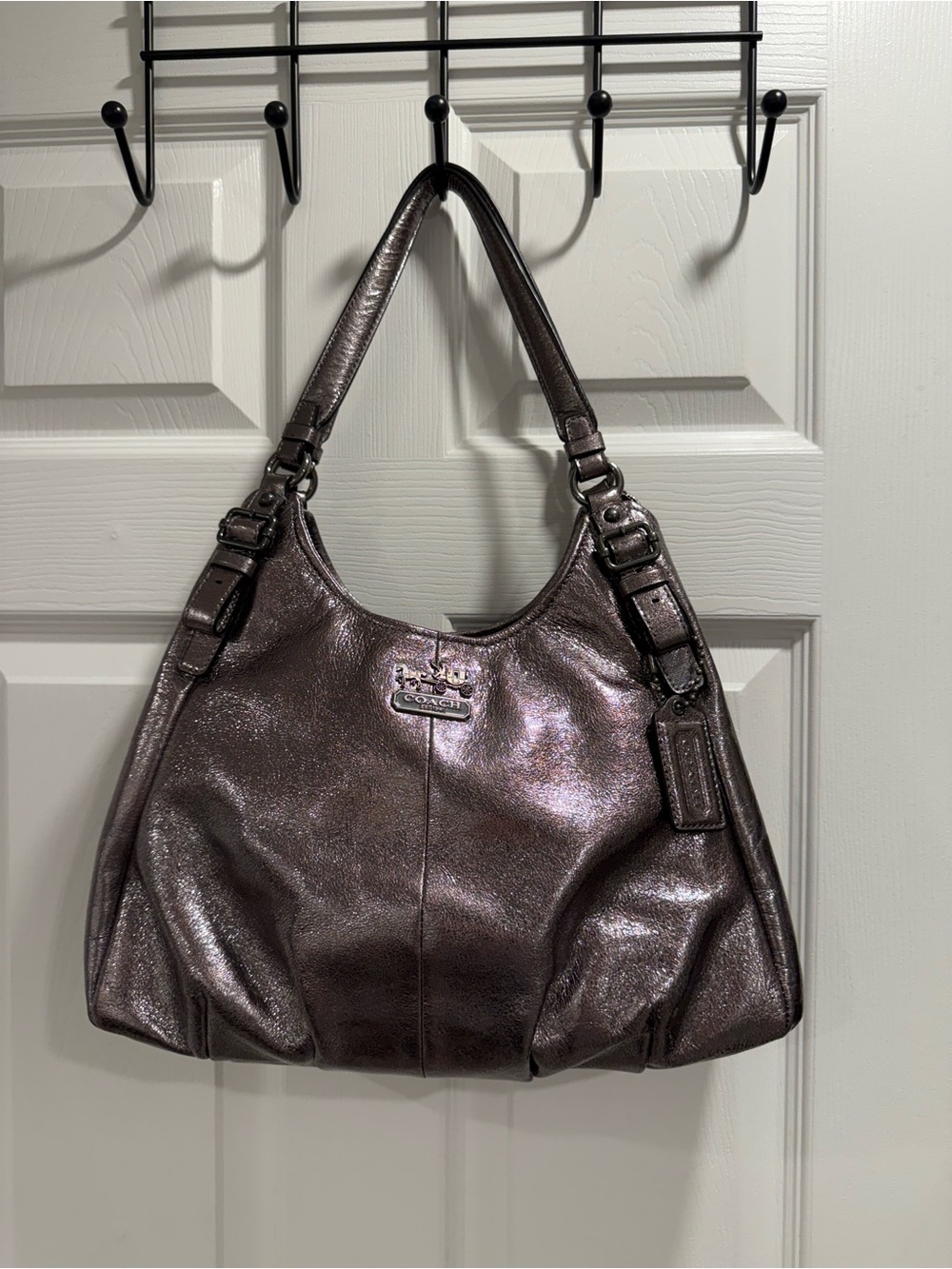 COACH Gunmetal Madison Maggie Metallic Leather Shoulder Bag, Excellent Condition
